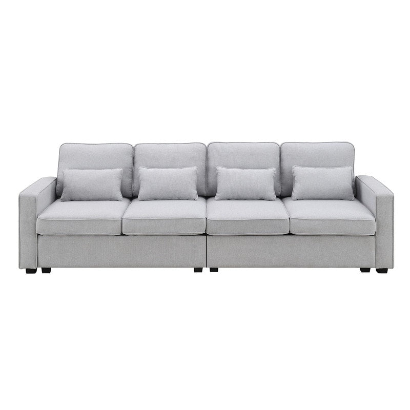 Canapé rembourré 4 places avec poches pour accoudoirs et 4 coussins, canapé moderne en lin de style minimaliste