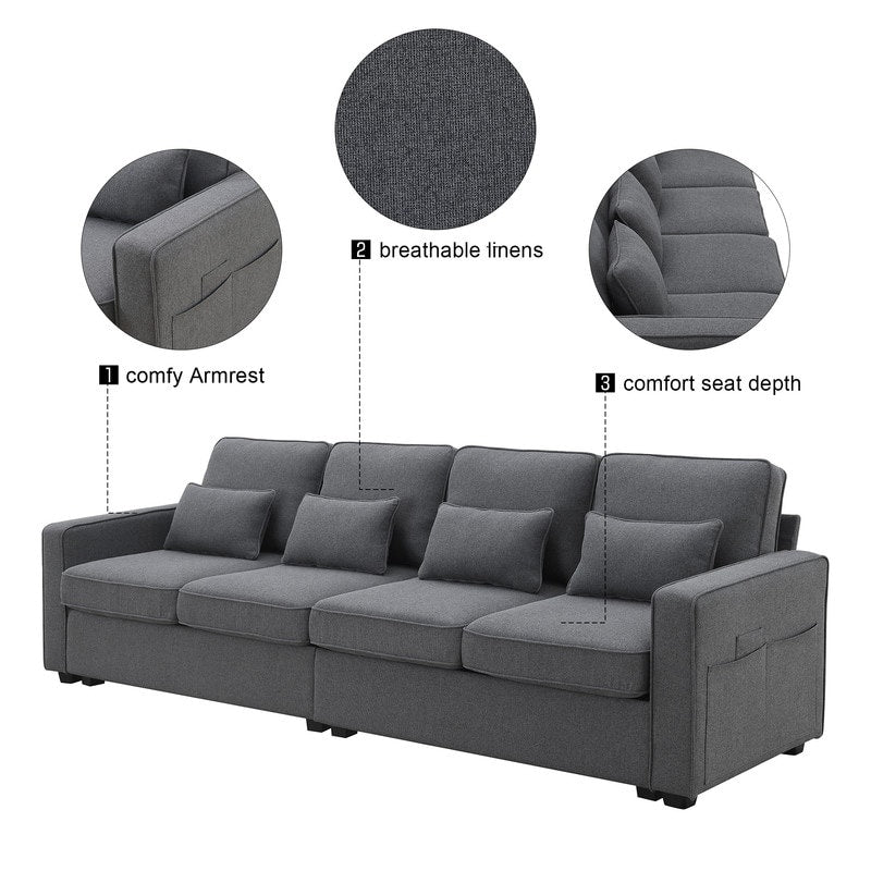 Canapé rembourré 4 places avec poches pour accoudoirs et 4 coussins, canapé moderne en lin de style minimaliste