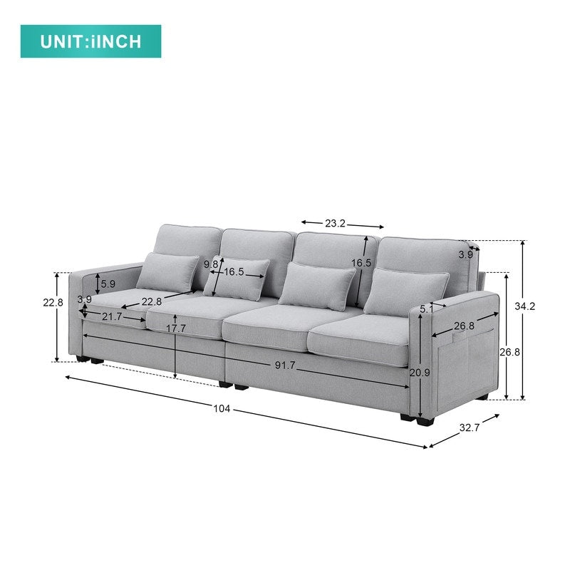 Canapé rembourré 4 places avec poches pour accoudoirs et 4 coussins, canapé moderne en lin de style minimaliste
