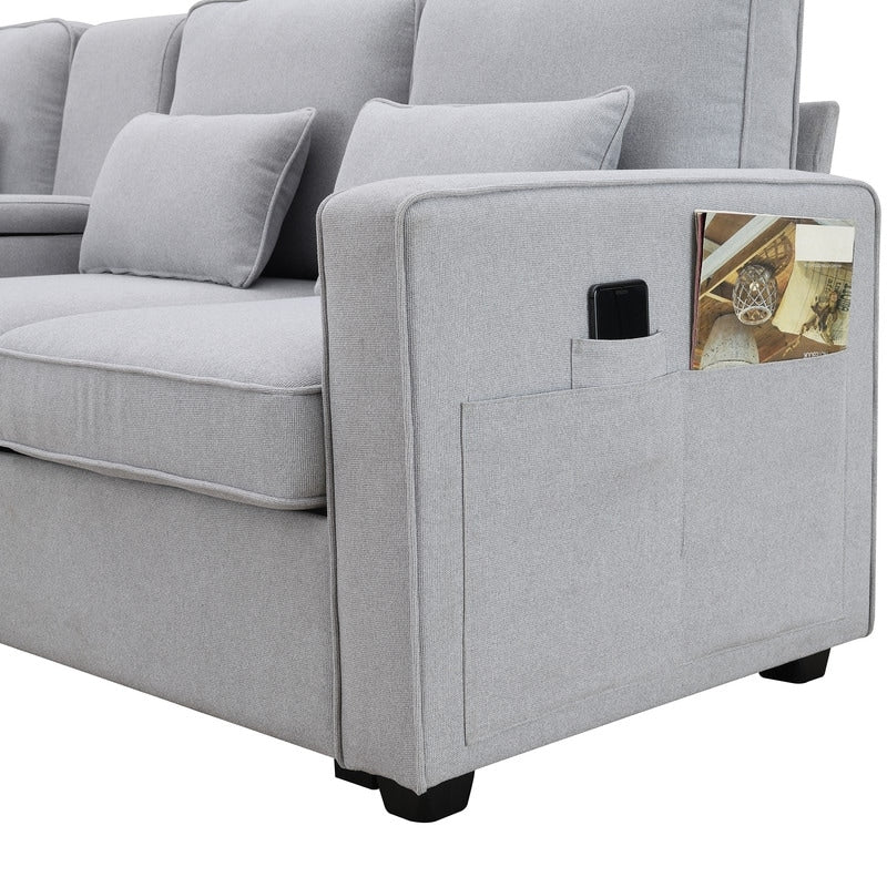 Canapé rembourré 4 places avec poches pour accoudoirs et 4 coussins, canapé moderne en lin de style minimaliste