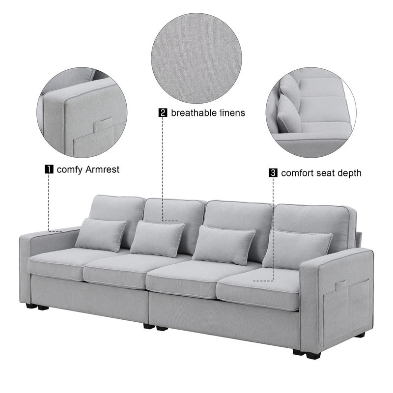 Canapé rembourré 4 places avec poches pour accoudoirs et 4 coussins, canapé moderne en lin de style minimaliste