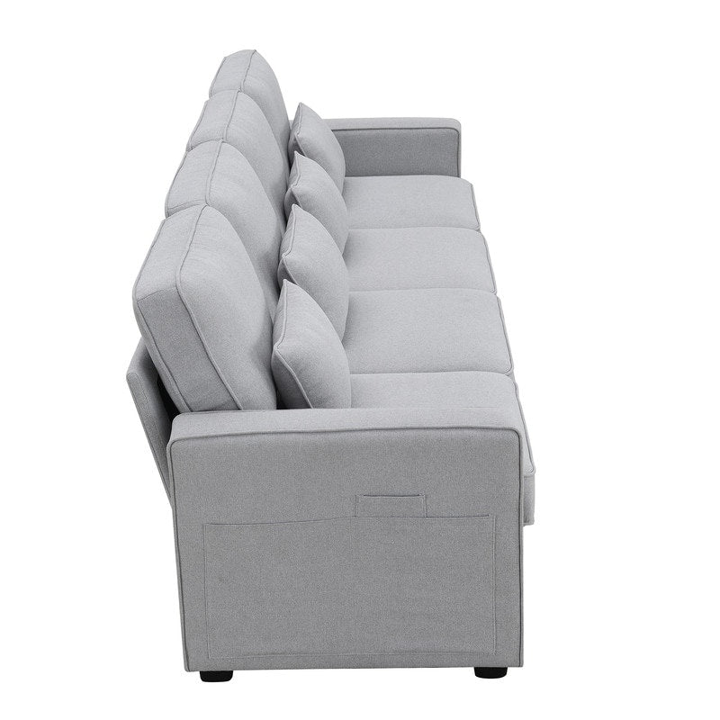 Canapé rembourré 4 places avec poches pour accoudoirs et 4 coussins, canapé moderne en lin de style minimaliste