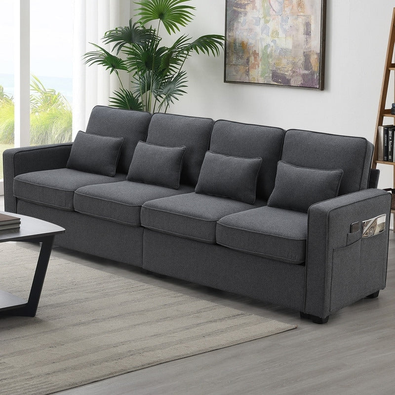 Canapé rembourré 4 places avec poches pour accoudoirs et 4 coussins, canapé moderne en lin de style minimaliste