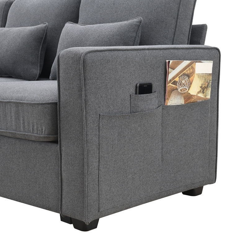 Canapé rembourré 4 places avec poches pour accoudoirs et 4 coussins, canapé moderne en lin de style minimaliste