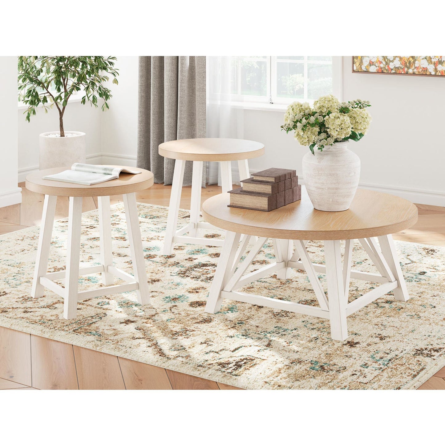 Lot de 3 tables Fawndell - Blanc antique/marron