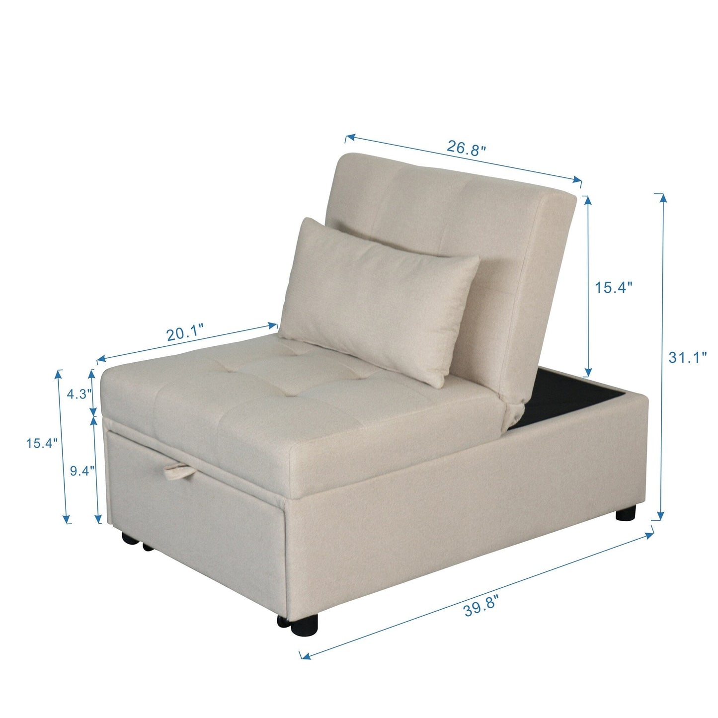 Canapé-lit ottoman simple pliable de 39,8 pouces avec dossier réglable et oreillers pour le salon