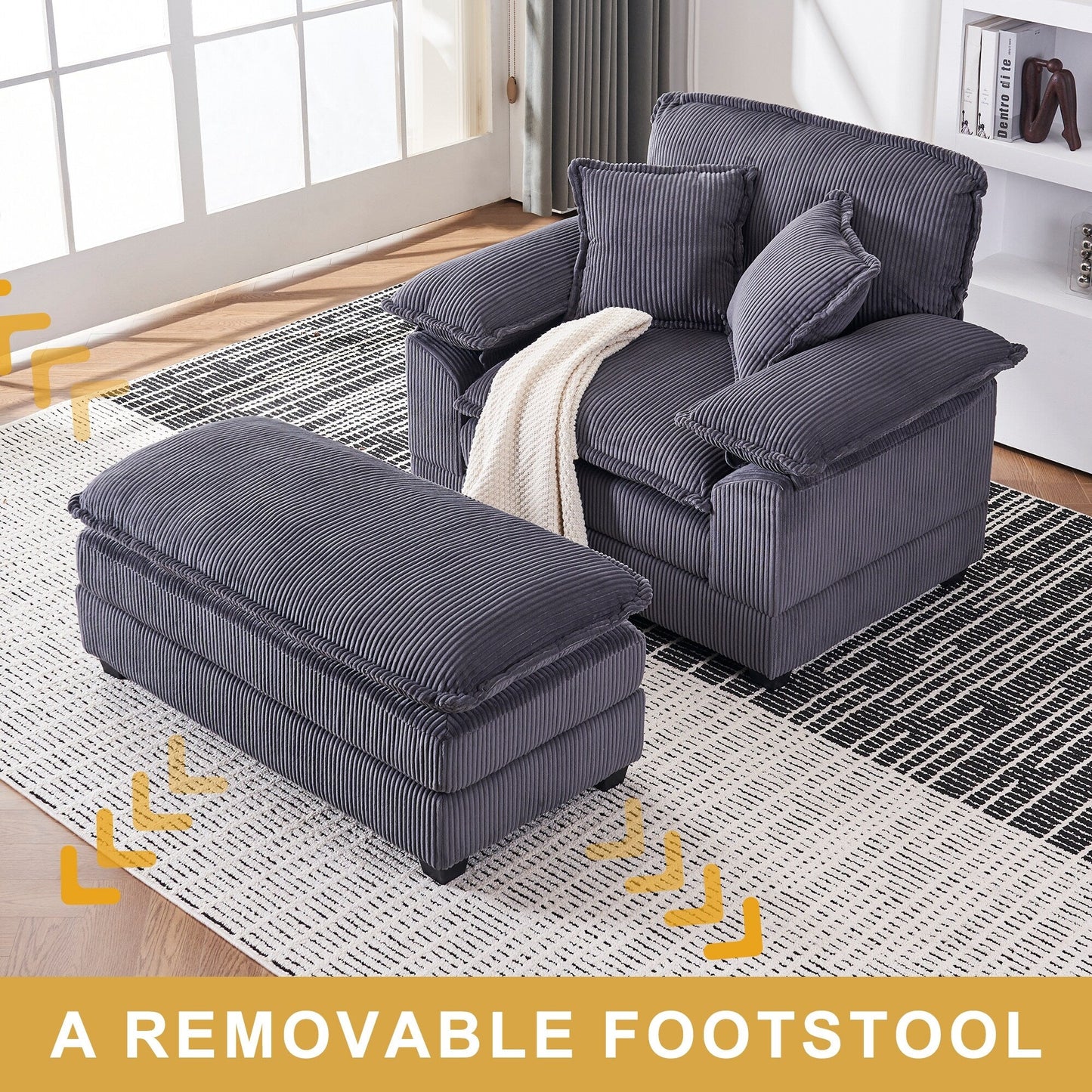 Fauteuil surdimensionné de 56,9 W avec ottoman, fauteuil de lecture pour chambre à coucher, canapé-lit inclinable moderne surdimensionné