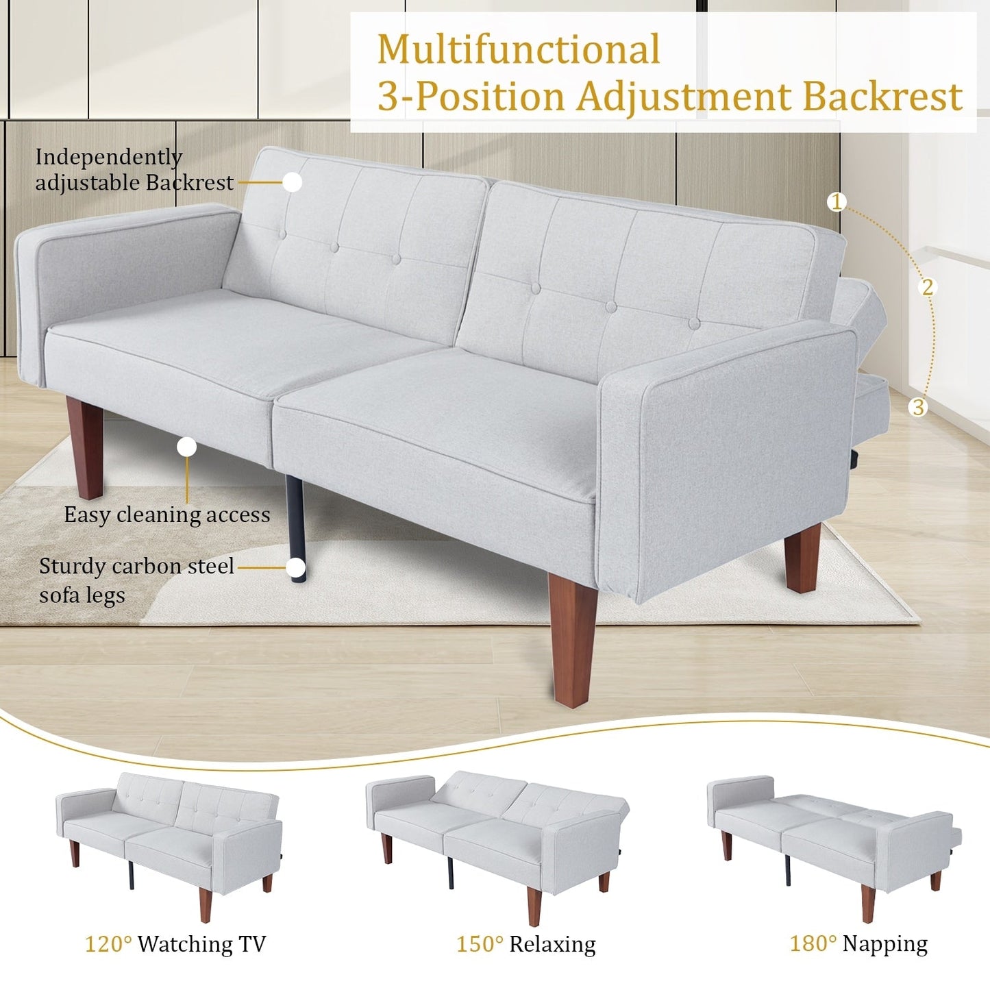 Canapé-lit convertible double de 68 po avec dossier capitonné réglable, 5 couleurs en option – 22,44 po P x 68,11 po L x 28,74 po H