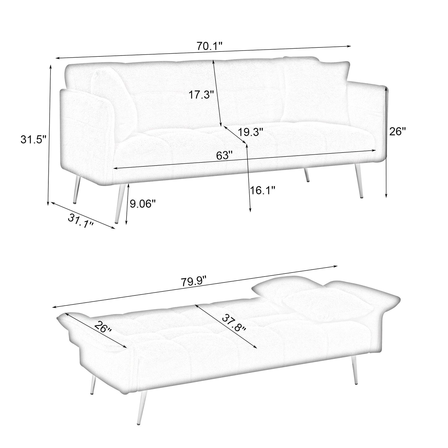 Canapé-lit en polaire Teddy de 70 pouces, canapé-lit futon convertible avec accoudoirs et dossier réglables
