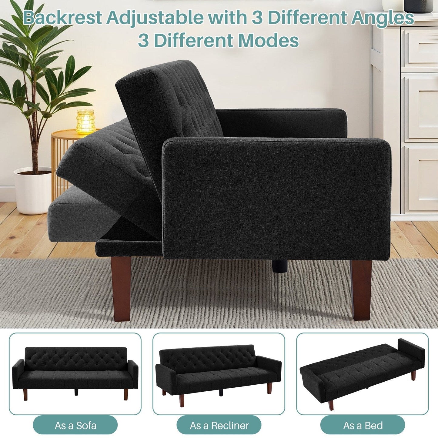 Canapé-lit futon convertible en lin pour une personne de 74,41 po avec dossier réglable – 74,41 x 32,68 x 28,94 po