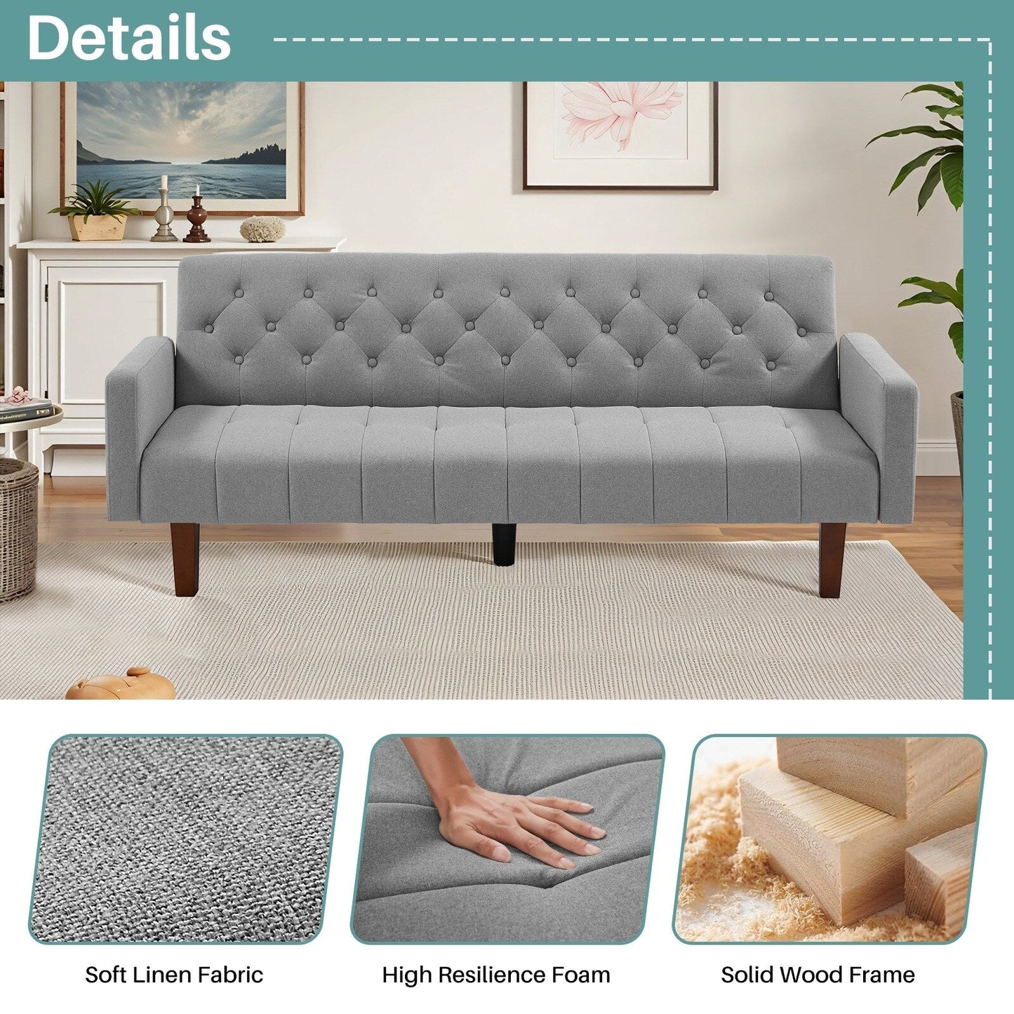 Canapé-lit futon convertible en lin pour une personne de 74,41 po avec dossier réglable – 74,41 x 32,68 x 28,94 po