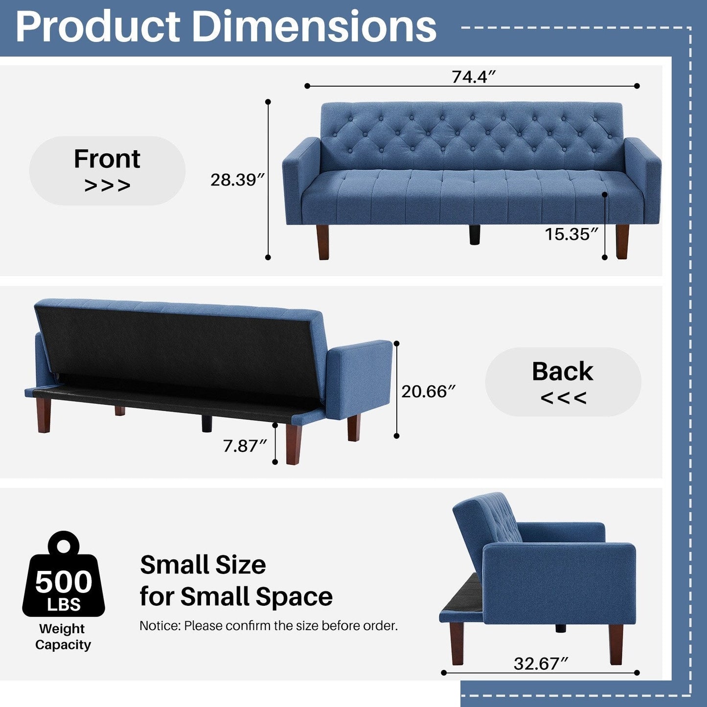 Canapé-lit futon convertible en lin pour une personne de 74,41 po avec dossier réglable – 74,41 x 32,68 x 28,94 po