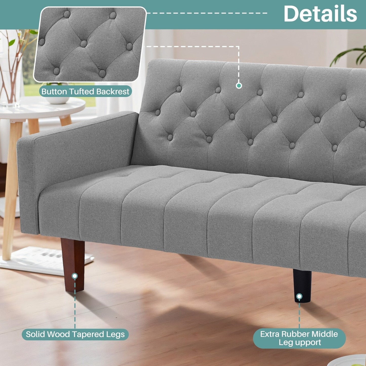 Canapé-lit futon convertible en lin pour une personne de 74,41 po avec dossier réglable – 74,41 x 32,68 x 28,94 po