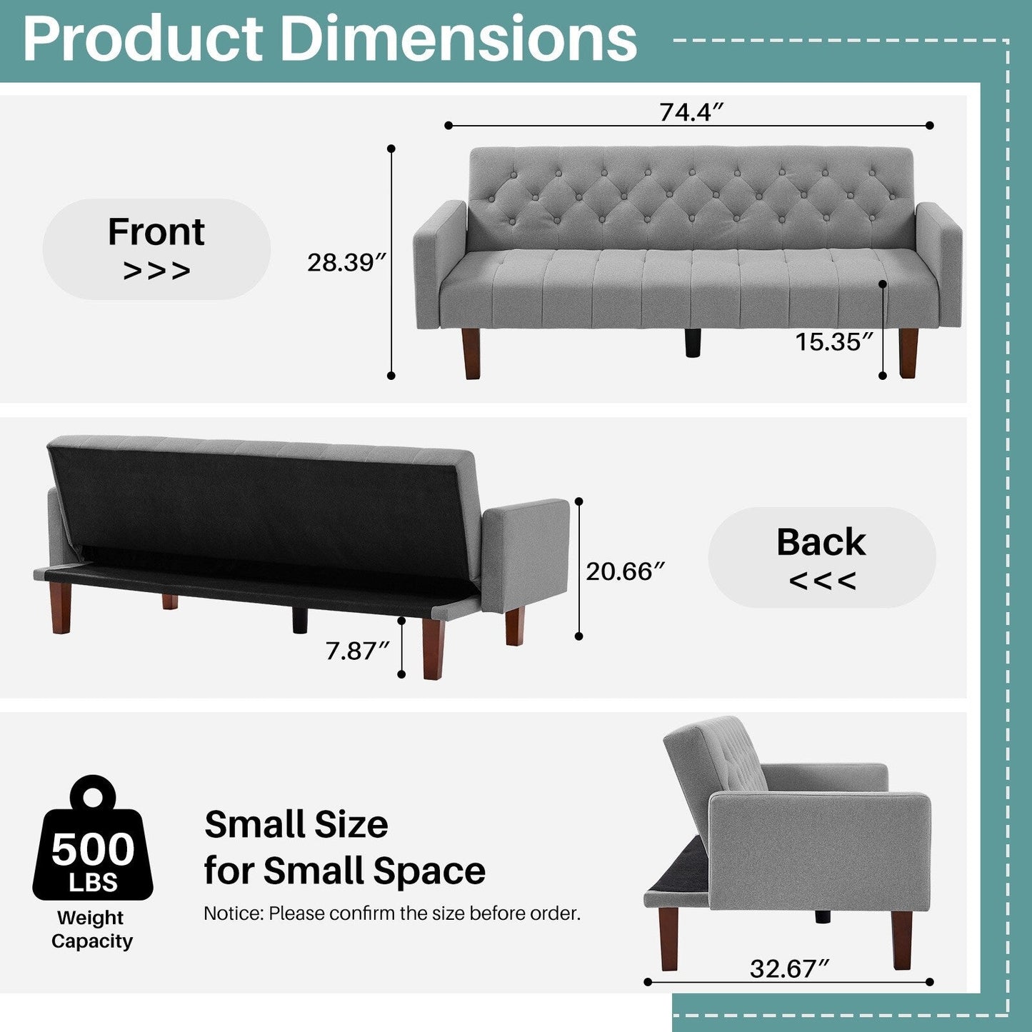 Canapé-lit futon convertible en lin pour une personne de 74,41 po avec dossier réglable – 74,41 x 32,68 x 28,94 po