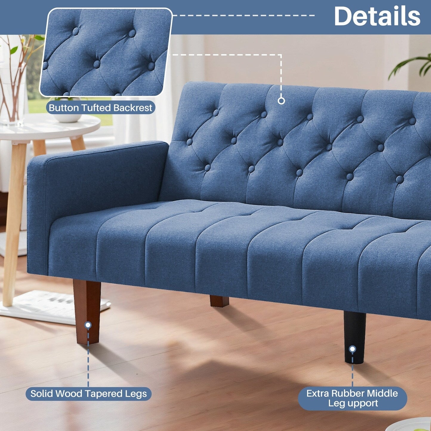 Canapé-lit futon convertible en lin pour une personne de 74,41 po avec dossier réglable – 74,41 x 32,68 x 28,94 po