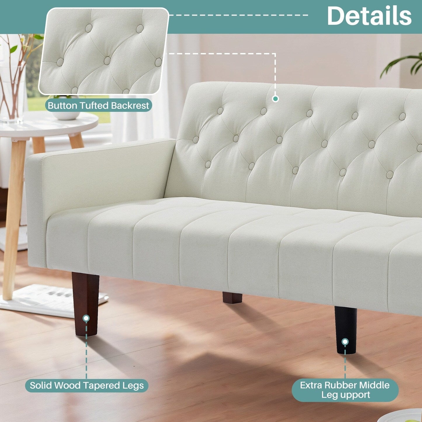Canapé-lit futon convertible en lin pour une personne de 74,41 po avec dossier réglable – 74,41 x 32,68 x 28,94 po