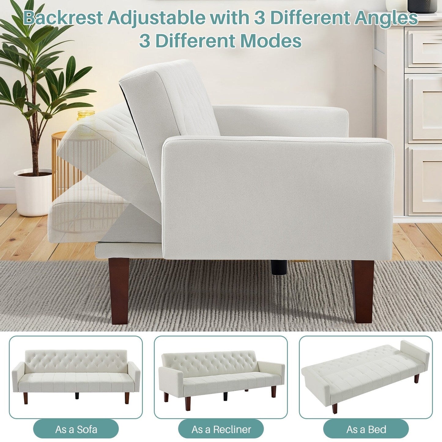 Canapé-lit futon convertible en lin pour une personne de 74,41 po avec dossier réglable – 74,41 x 32,68 x 28,94 po