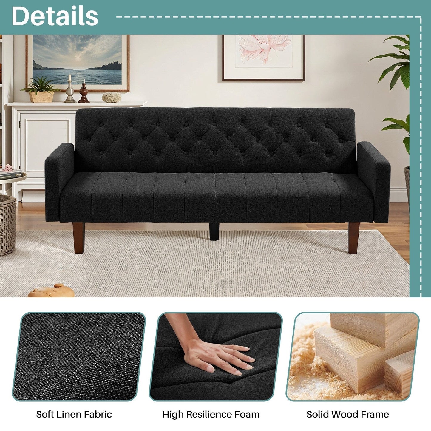 Canapé-lit futon convertible en lin pour une personne de 74,41 po avec dossier réglable – 74,41 x 32,68 x 28,94 po