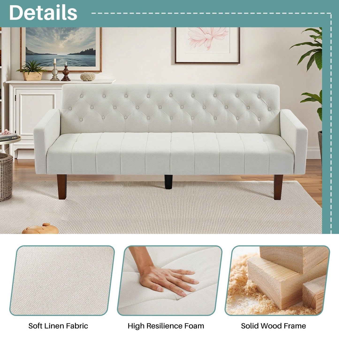 Canapé-lit futon convertible en lin pour une personne de 74,41 po avec dossier réglable – 74,41 x 32,68 x 28,94 po