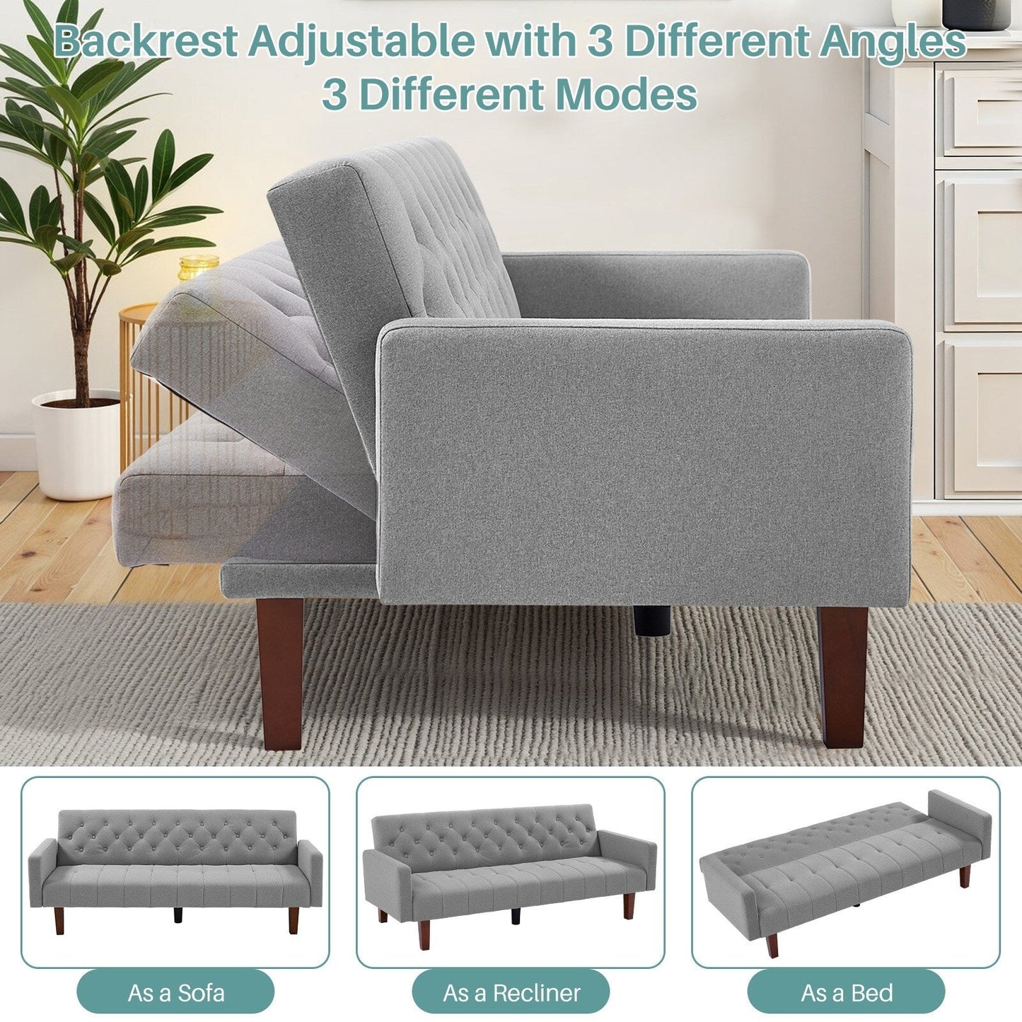Canapé-lit futon convertible en lin pour une personne de 74,41 po avec dossier réglable – 74,41 x 32,68 x 28,94 po