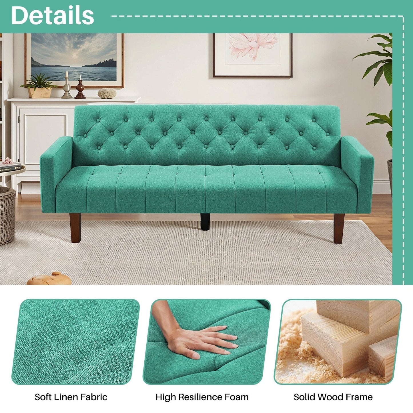 Canapé-lit futon convertible en lin pour une personne de 74,41 po avec dossier réglable – 74,41 x 32,68 x 28,94 po