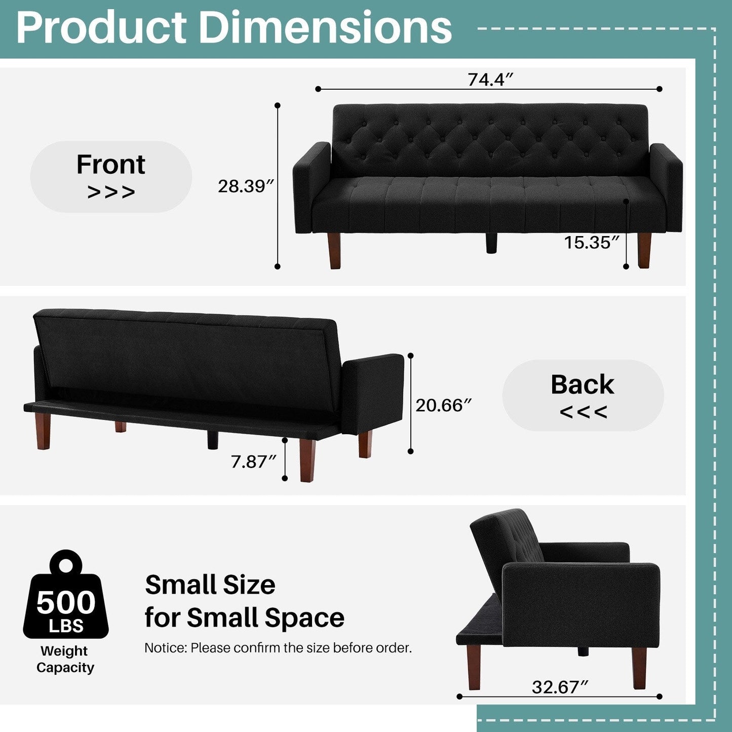 Canapé-lit futon convertible en lin pour une personne de 74,41 po avec dossier réglable – 74,41 x 32,68 x 28,94 po