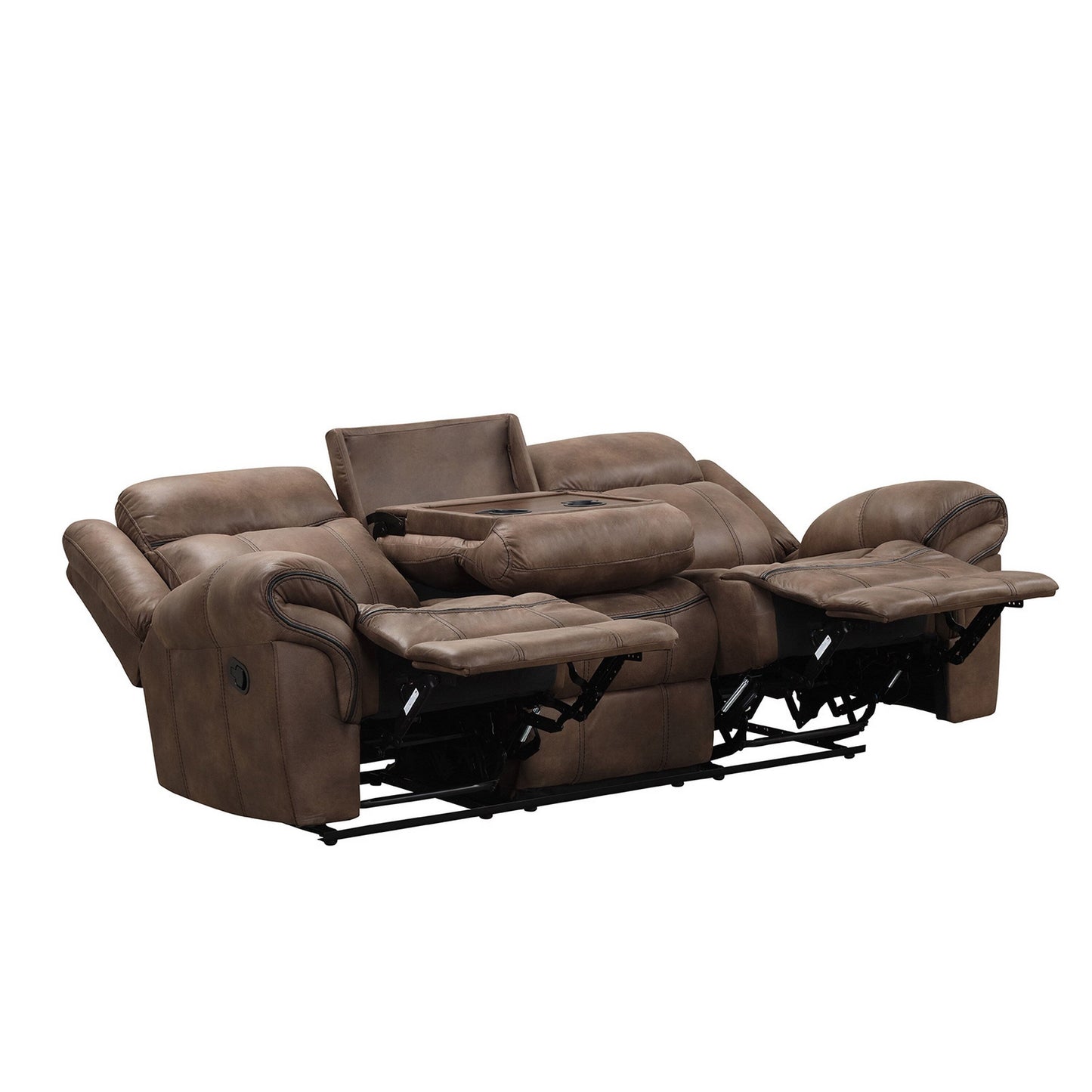 Canapé Arisa, similicuir marron, table rabattable avec porte-gobelets, 87 pouces