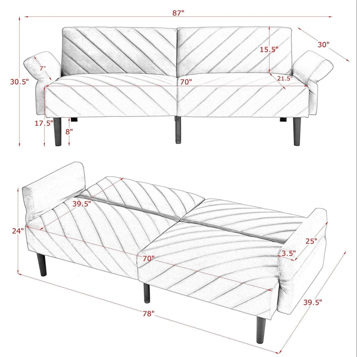 Canapé-lit futon convertible capitonné en velours beige 87 avec accoudoirs réglables pour salon