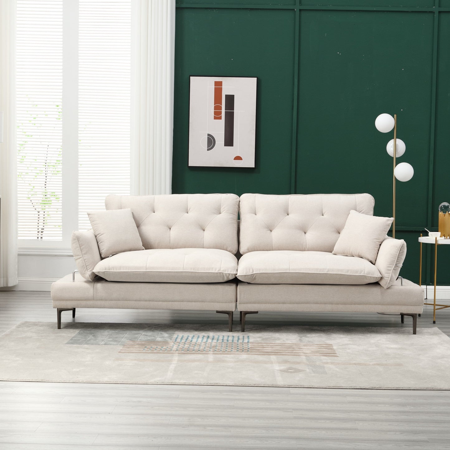 Canapé causeuse beige moderne en lin 102.36 avec accoudoirs réglables et coussins capitonnés pour le salon