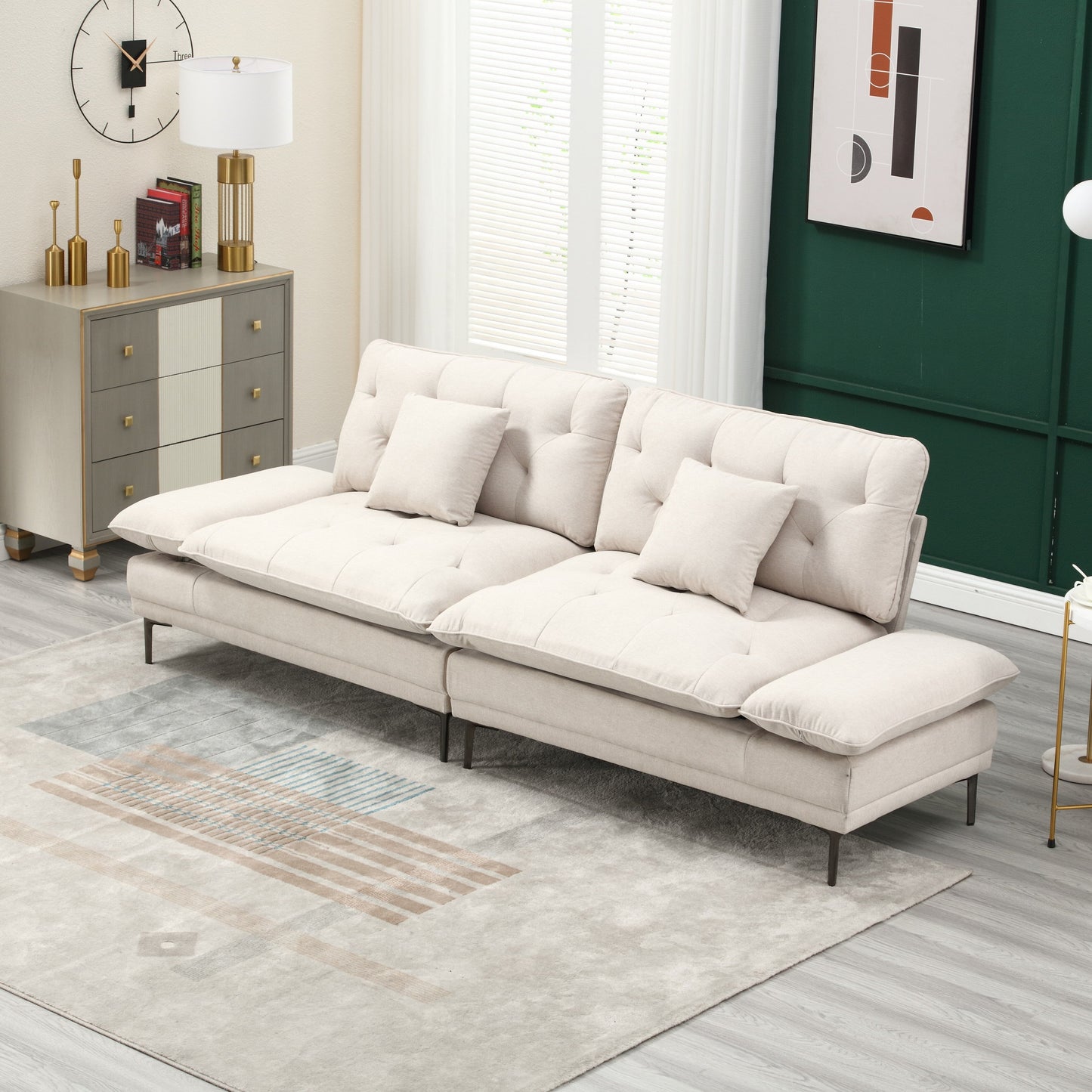 Canapé causeuse beige moderne en lin 102.36 avec accoudoirs réglables et coussins capitonnés pour le salon