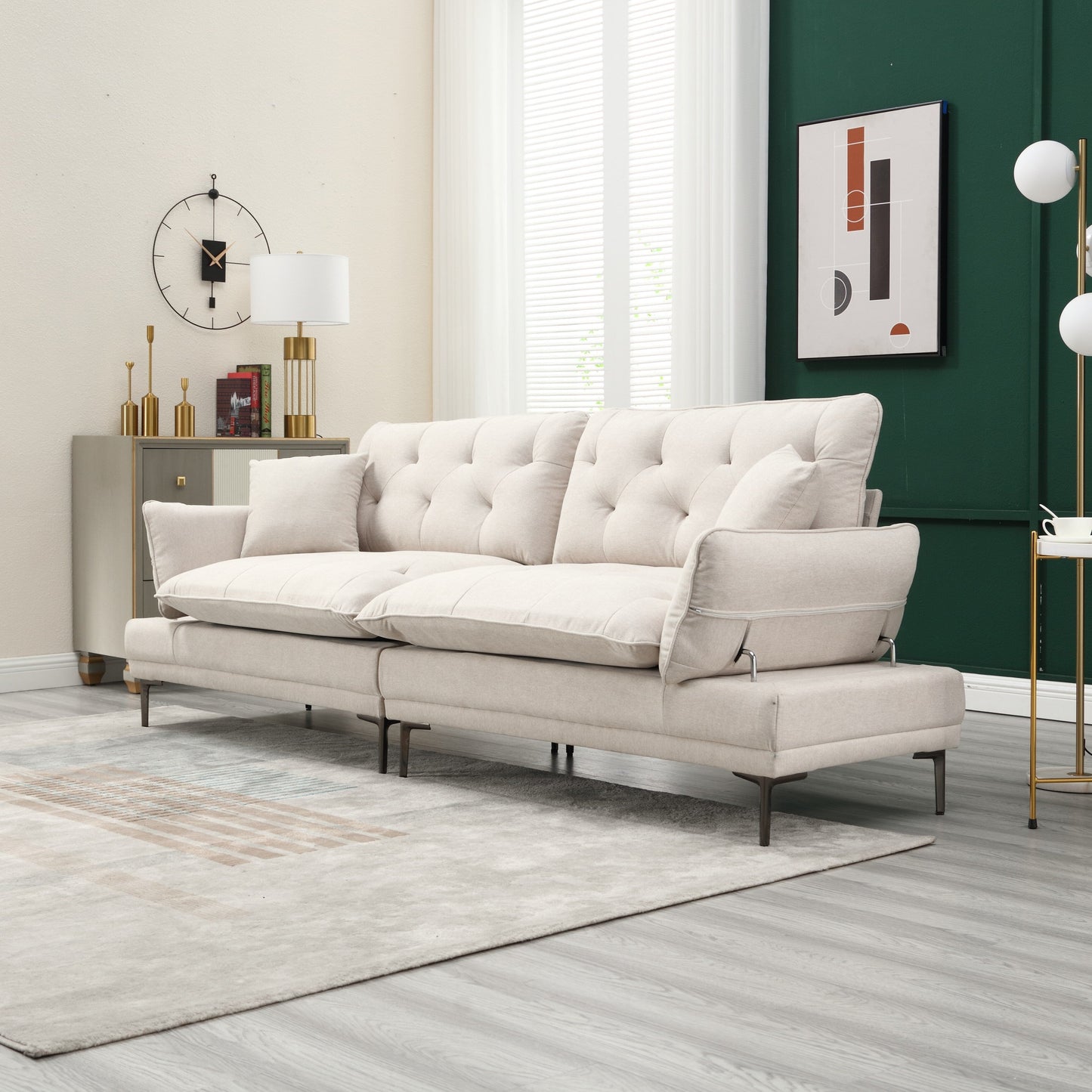 Canapé causeuse beige moderne en lin 102.36 avec accoudoirs réglables et coussins capitonnés pour le salon