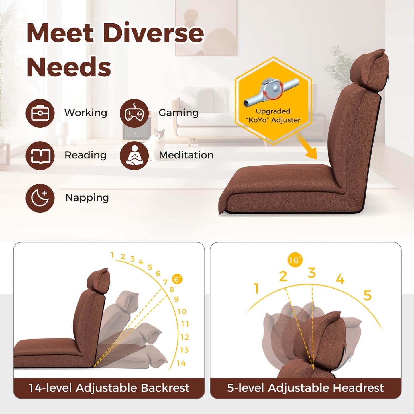 Chaise de sol pliante Costway avec dossier réglable sur 14 positions - Voir les détails