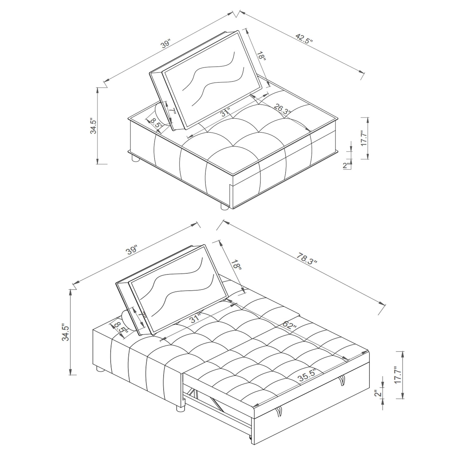 Canapé-lit gigogne ottoman gris foncé avec dossier réglable