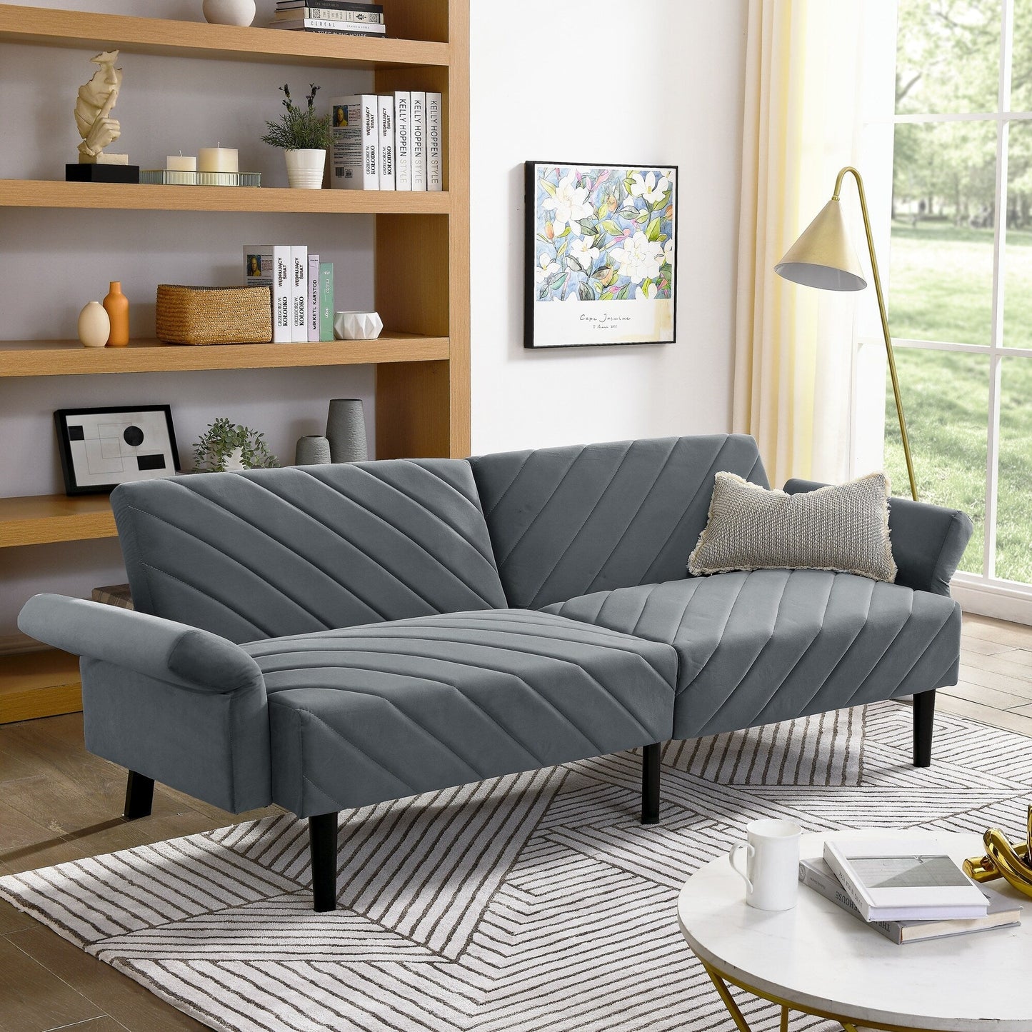 Canapé-lit futon convertible capitonné en velours gris 87 avec accoudoirs réglables pour le salon