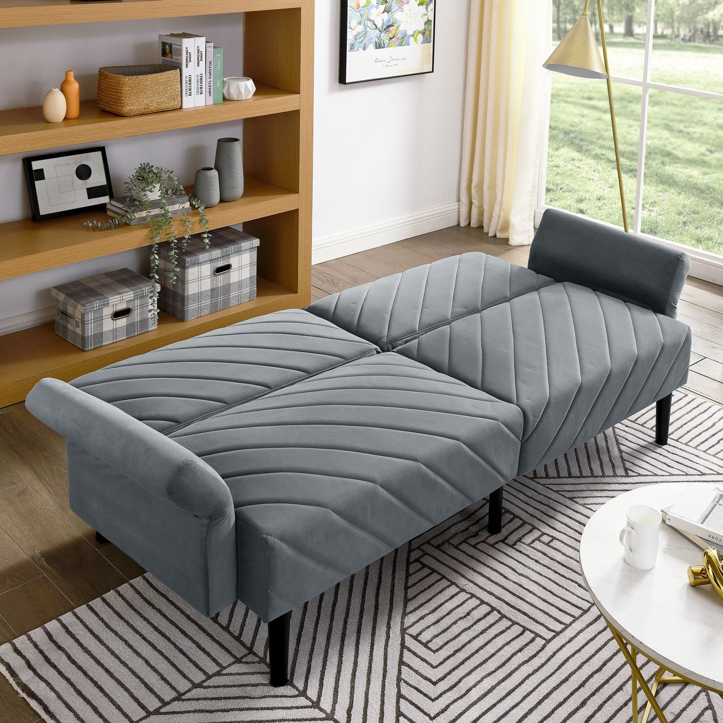 Canapé-lit futon convertible capitonné en velours gris 87 avec accoudoirs réglables pour le salon