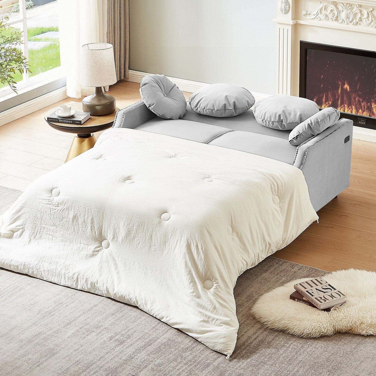 Canapé-lit réglable en polyester gris clair avec ports USB