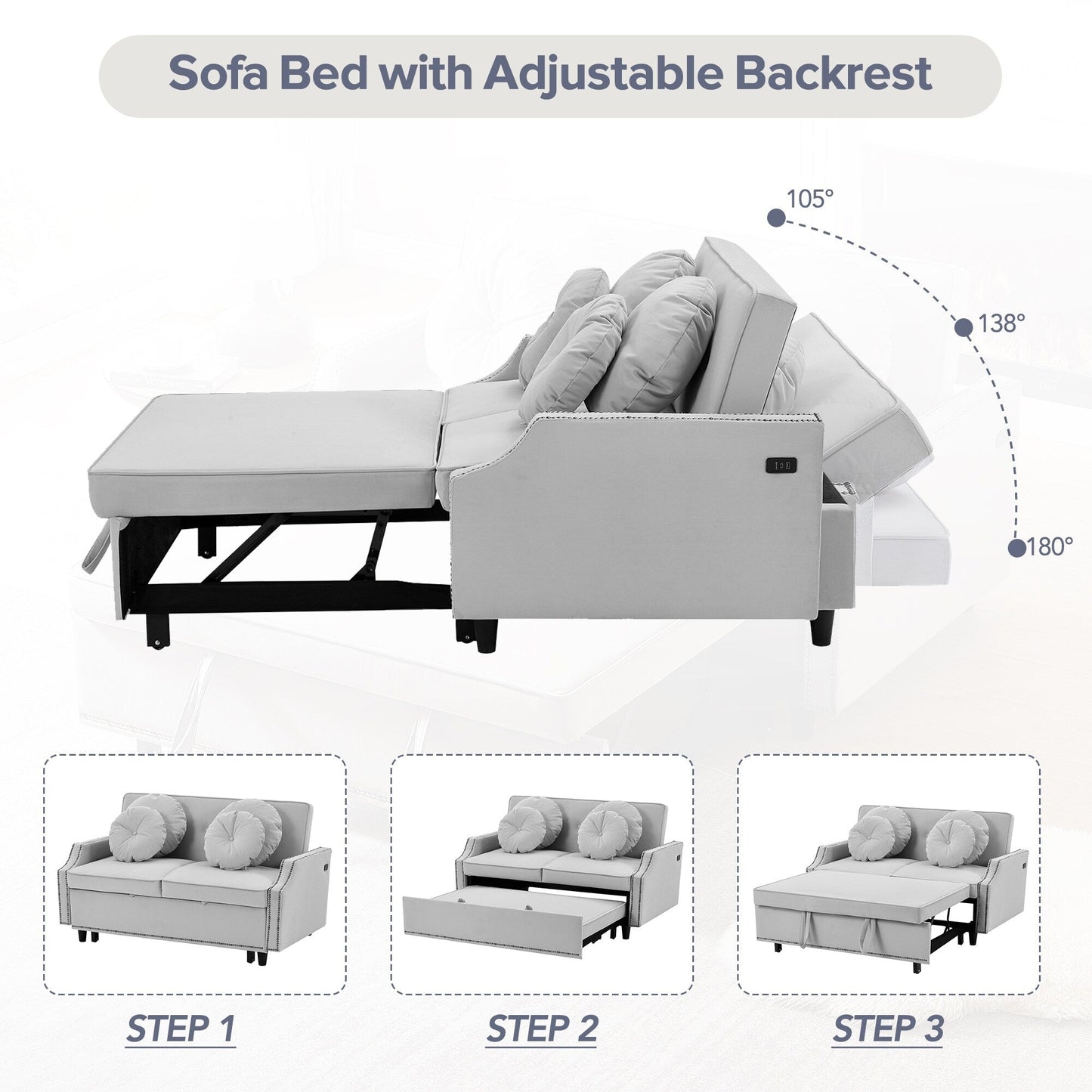 Canapé-lit réglable en polyester gris clair avec ports USB