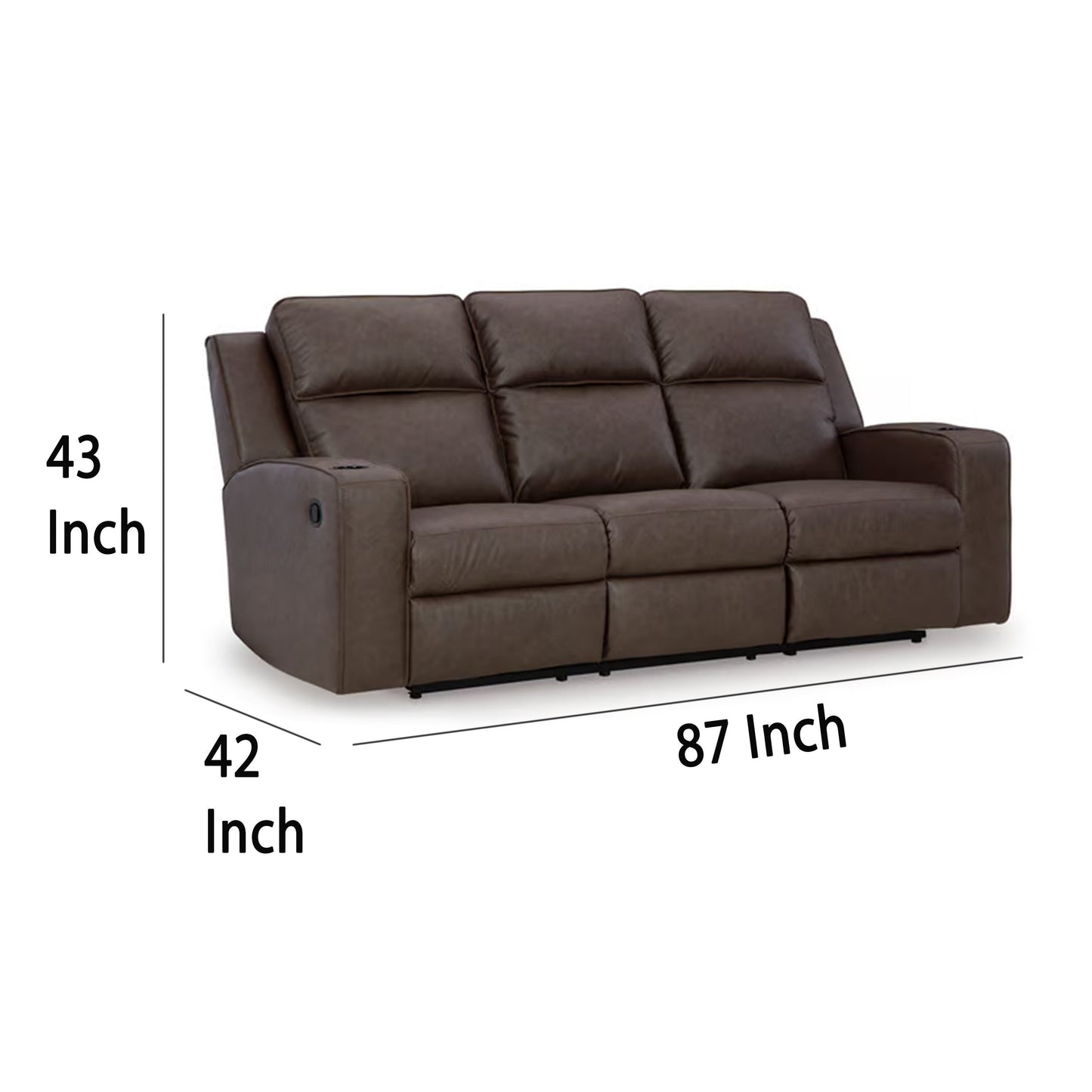 Canapé inclinable manuel Livie, USB, table 87 pouces, similicuir marron gris