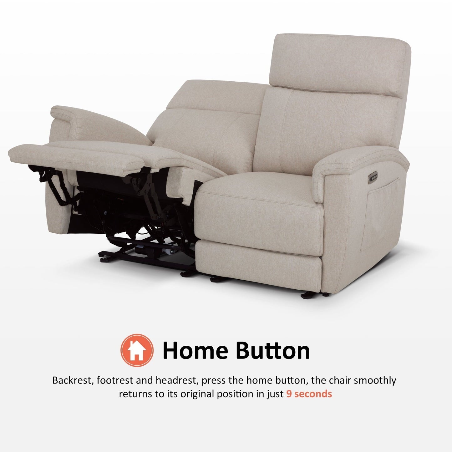 Canapé inclinable électrique MCombo 60.2 avec massage et double chauffage, appui-tête réglable, ports USB et Type-C, tissu