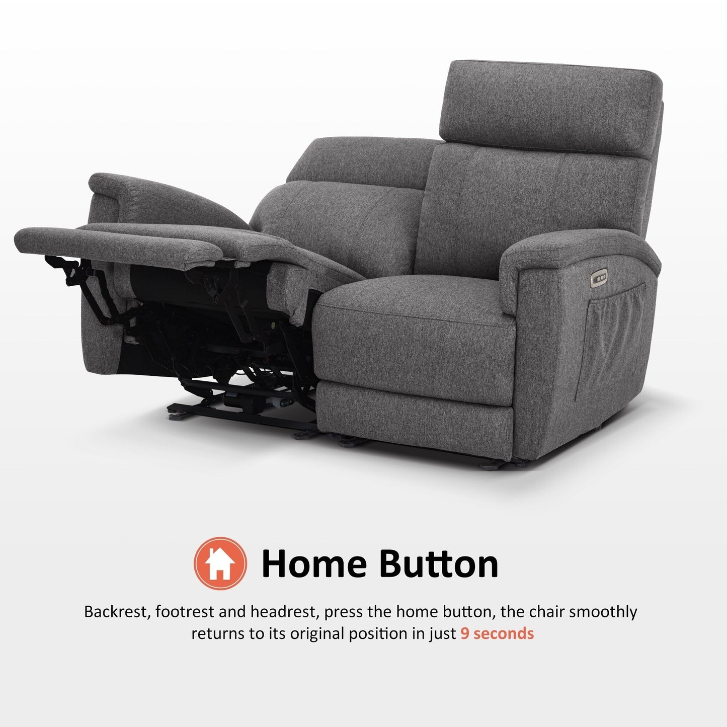 Canapé inclinable électrique MCombo 60.2 avec massage et double chauffage, appui-tête réglable, ports USB et Type-C, tissu