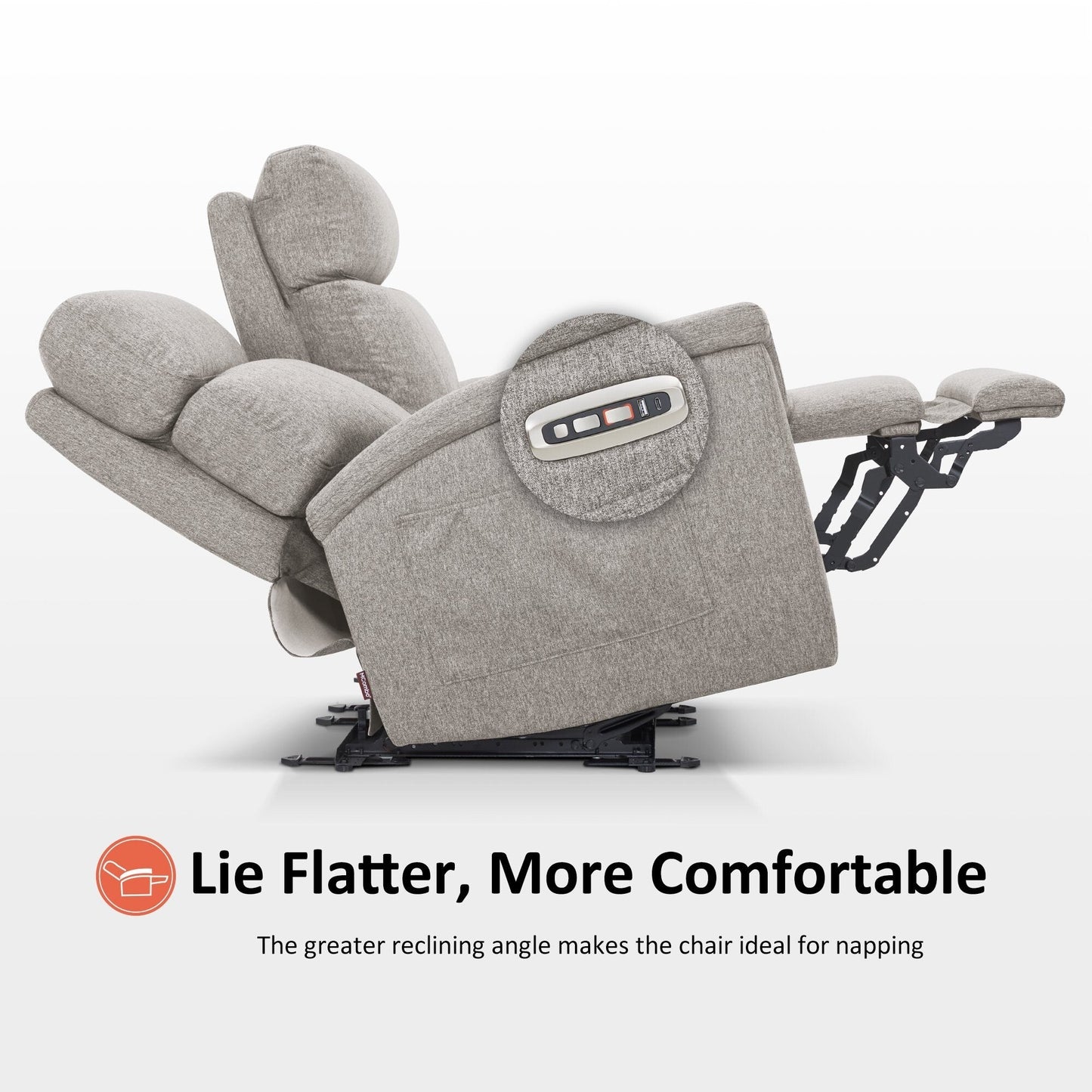 Canapé inclinable électrique MCombo 60.2 avec massage et double chauffage, appui-tête réglable, ports USB et Type-C, tissu