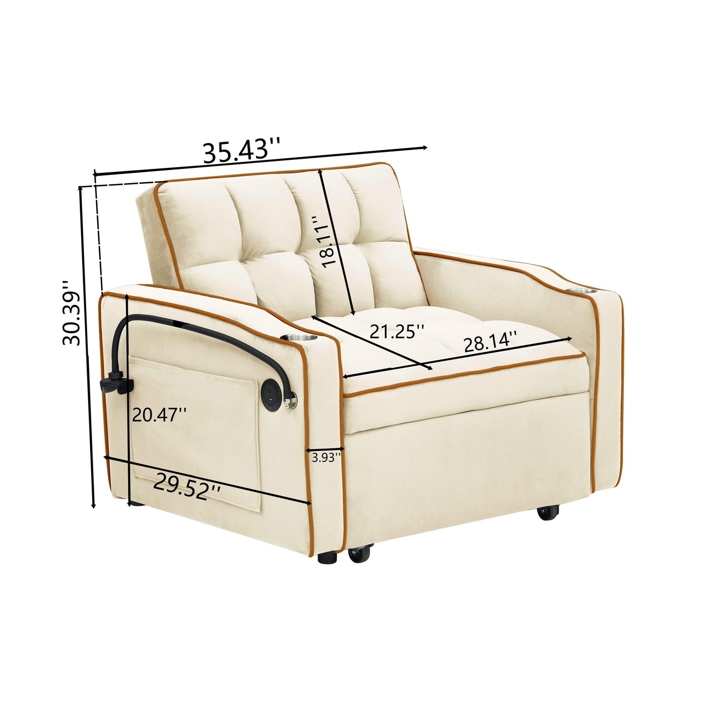 Canapé-lit convertible 3 en 1 moderne 70.86 avec dossier réglable et port de chargement USB pour le salon