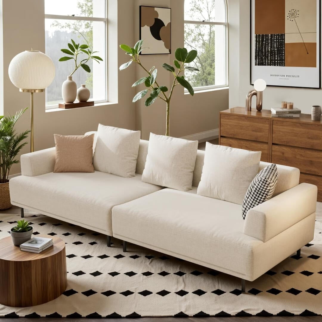 Canapé moderne à assise profonde avec coussins, pieds hauts, canapé de salon confortable, canapé d'appartement