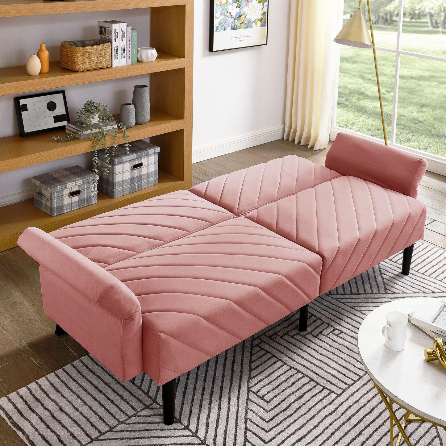 Canapé-lit futon convertible capitonné en velours rose 87 avec accoudoirs réglables pour le salon