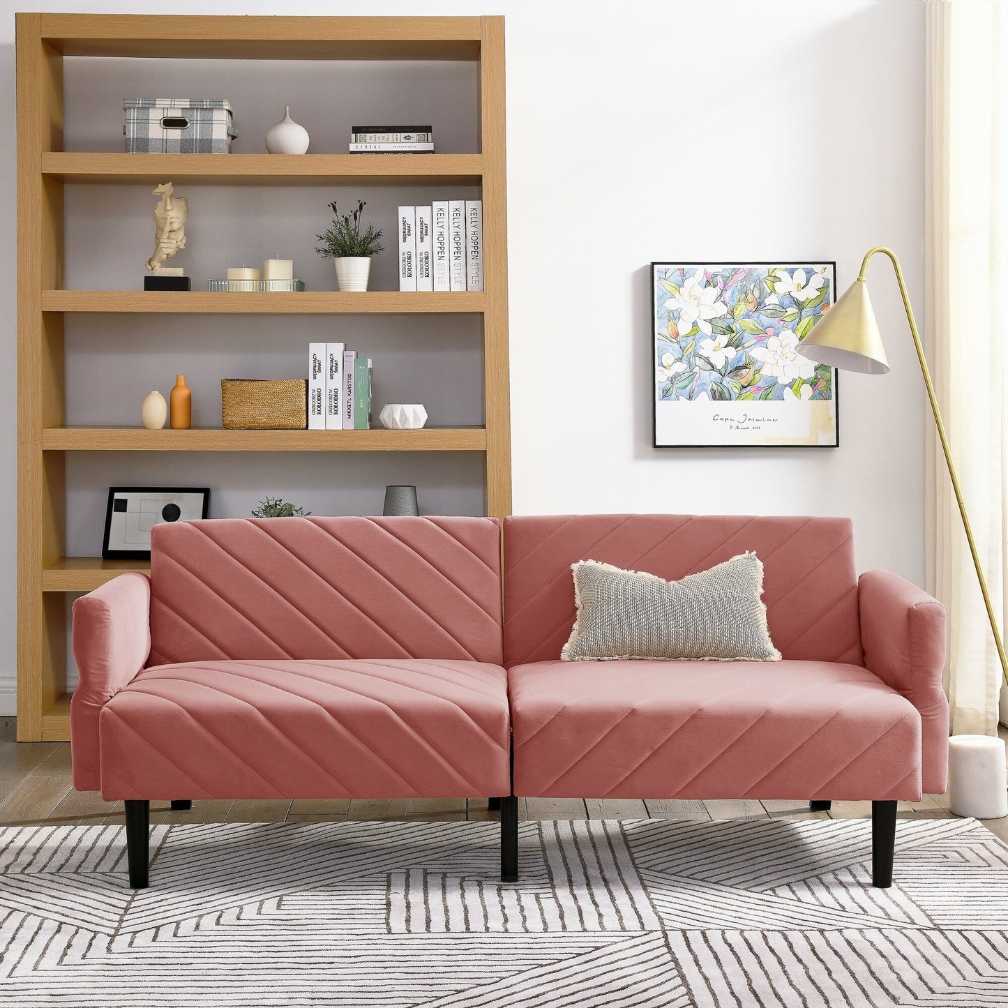 Canapé-lit futon convertible capitonné en velours rose 87 avec accoudoirs réglables pour le salon