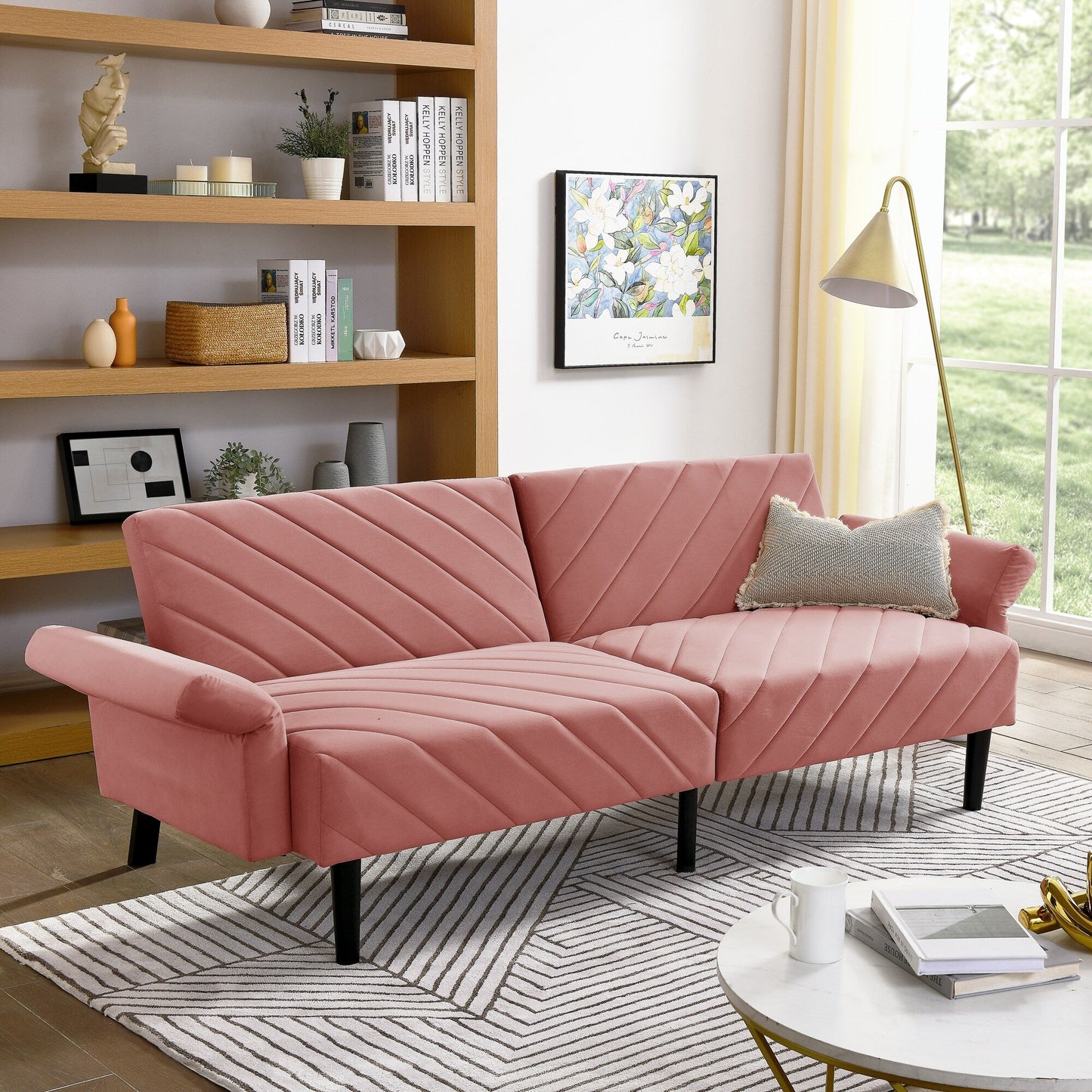 Canapé-lit futon convertible capitonné en velours rose 87 avec accoudoirs réglables pour le salon