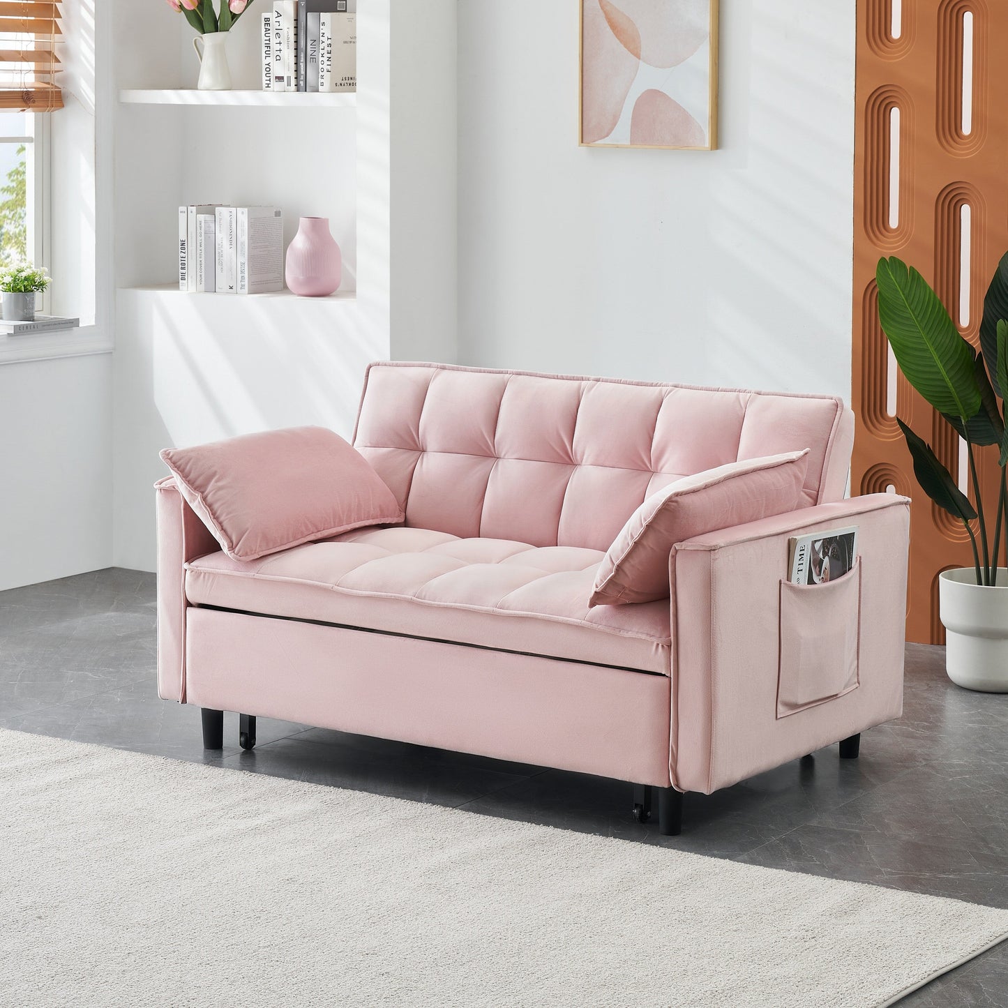 Canapé-lit gigogne en velours rose avec dossier réglable