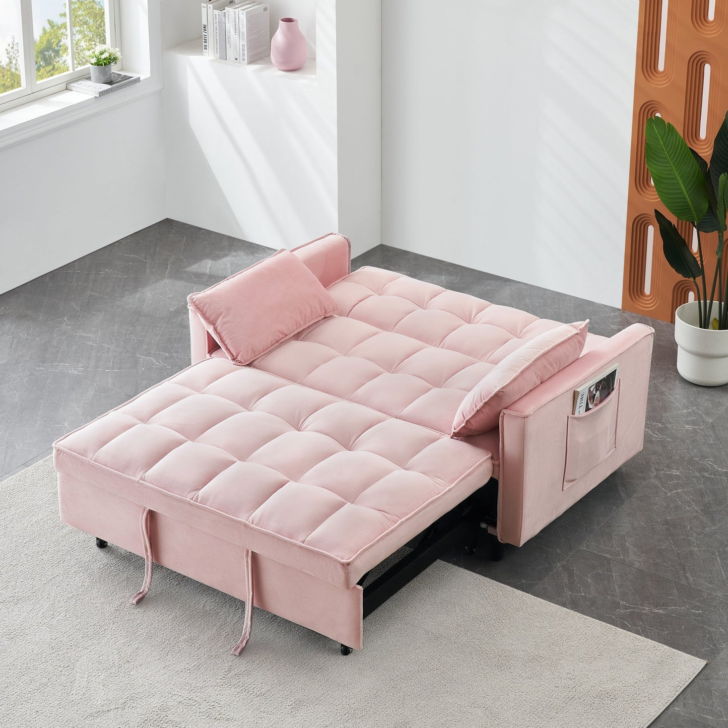 Canapé-lit gigogne en velours rose avec dossier réglable
