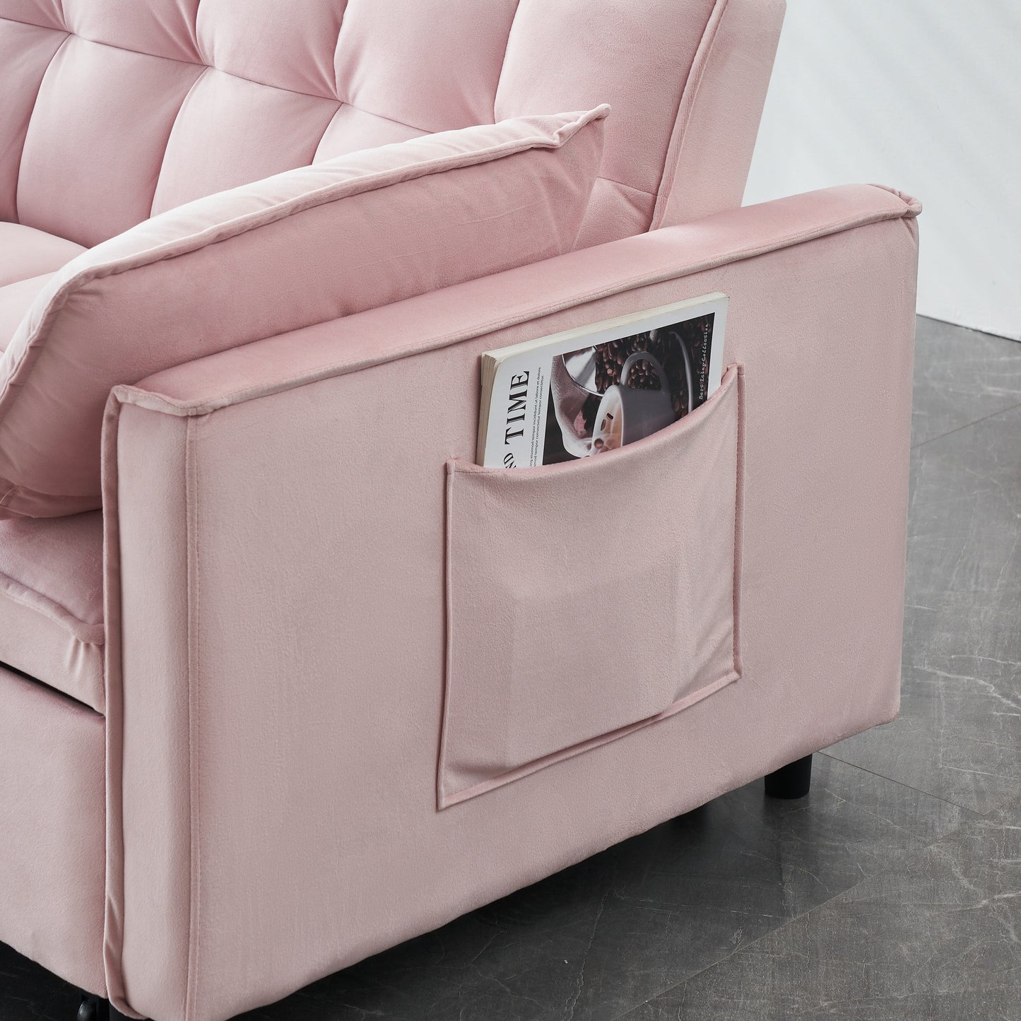 Canapé-lit gigogne en velours rose avec dossier réglable