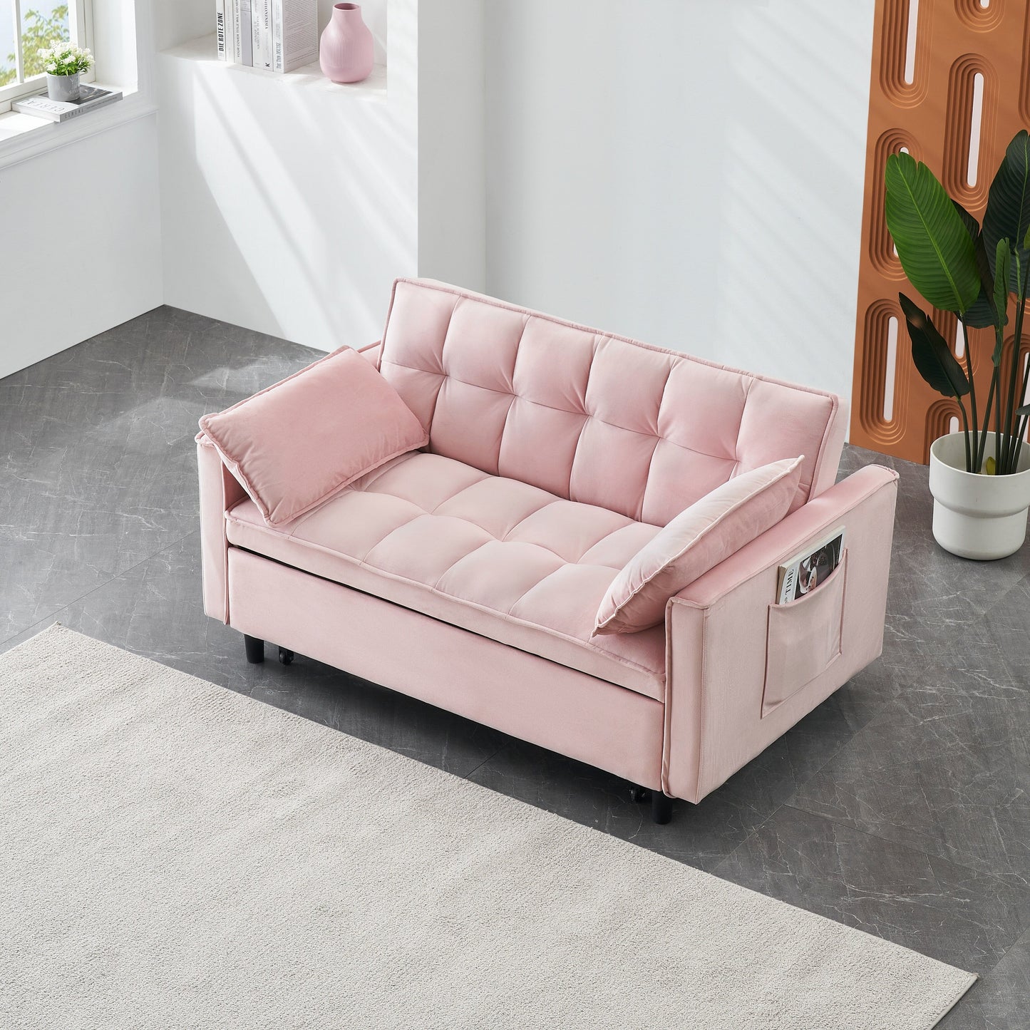 Canapé-lit gigogne en velours rose avec dossier réglable